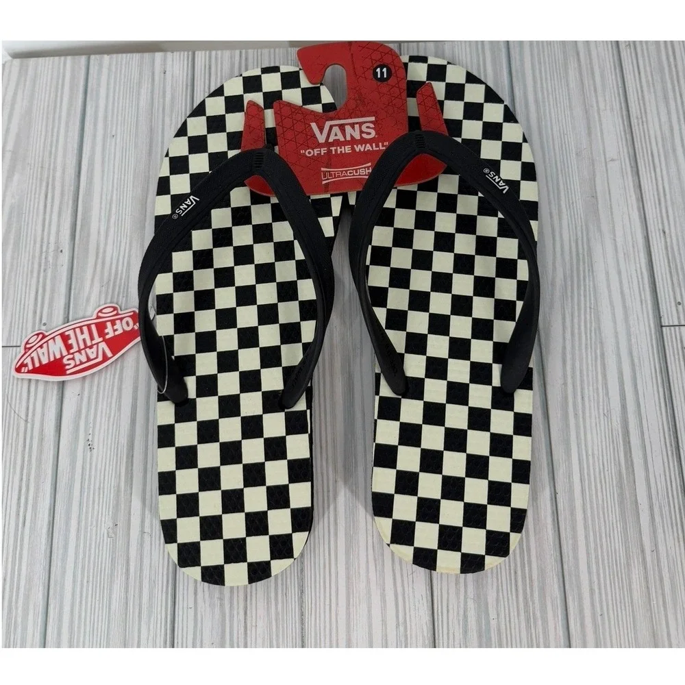 Vans Makena Checkerboard Black Marshmallow UltraCush Flip Flops Mens Size 11